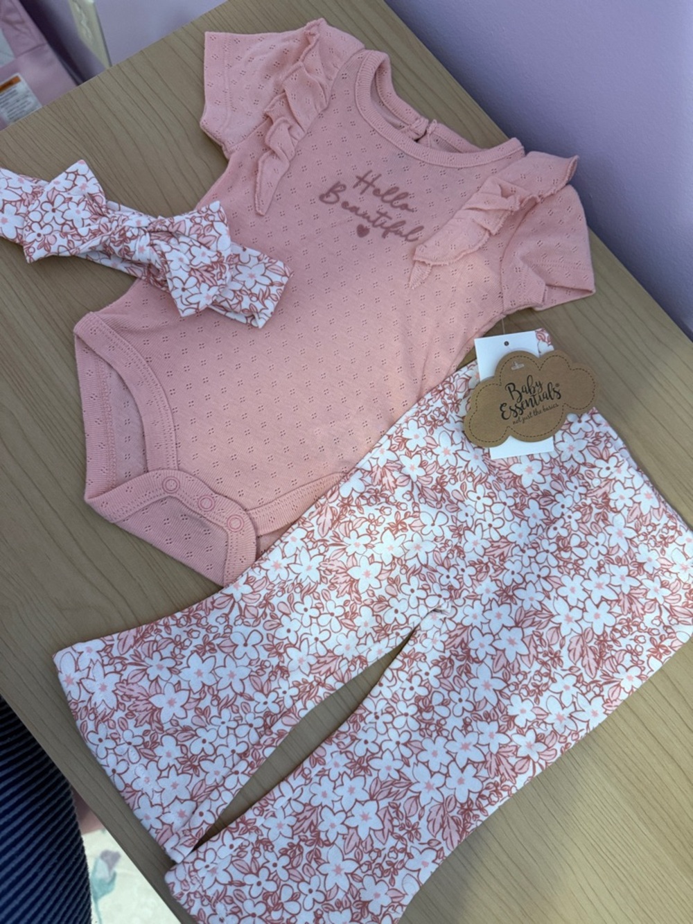 Pink Floral Baby 3-Piece Set - Bodysuit, Headband & Floral Pants